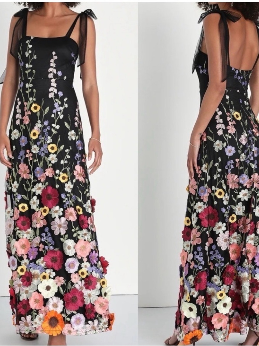 NWT Thriving Poise Black 3D Floral Embroidered Tie-Strap Maxi Dress Medium